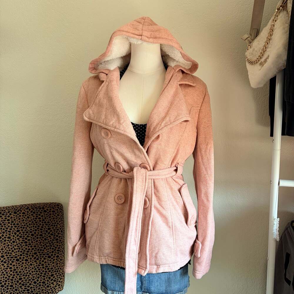 rue21 Pink Wool Blend Hooded Pea Coat with Belt Size S